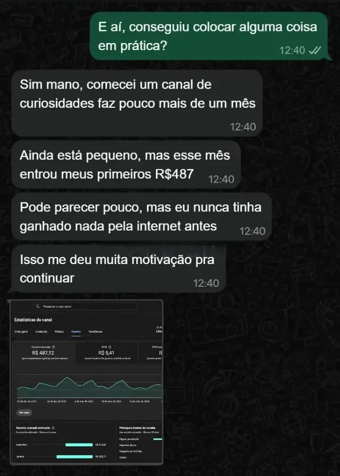 Lucas Andrade mostrando a conversa e as estatísticas do início do canal
